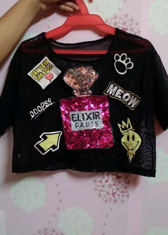 Black Sequin Perfume Bottle Mesh Top