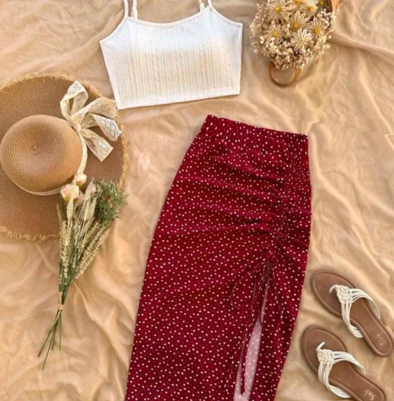 Chic Red Polka Dot Maxi Skirt Set