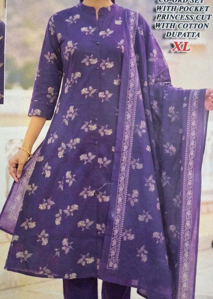 Purple Printed Cotton Kurta Set with Dupatta