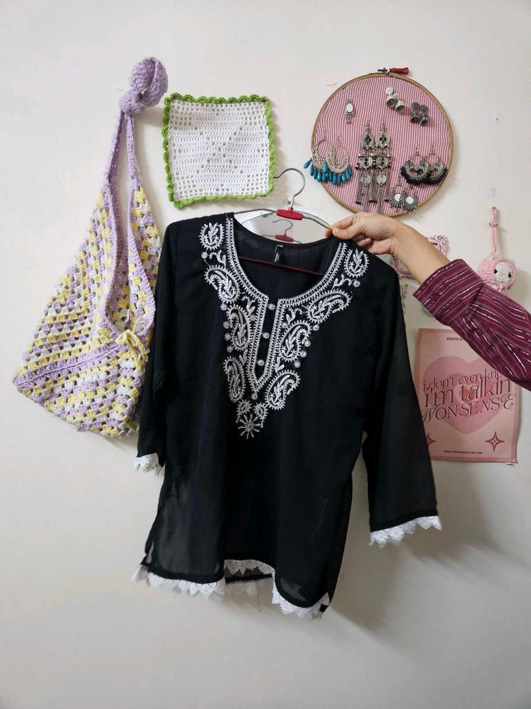 Black Embroidered Kurta Top