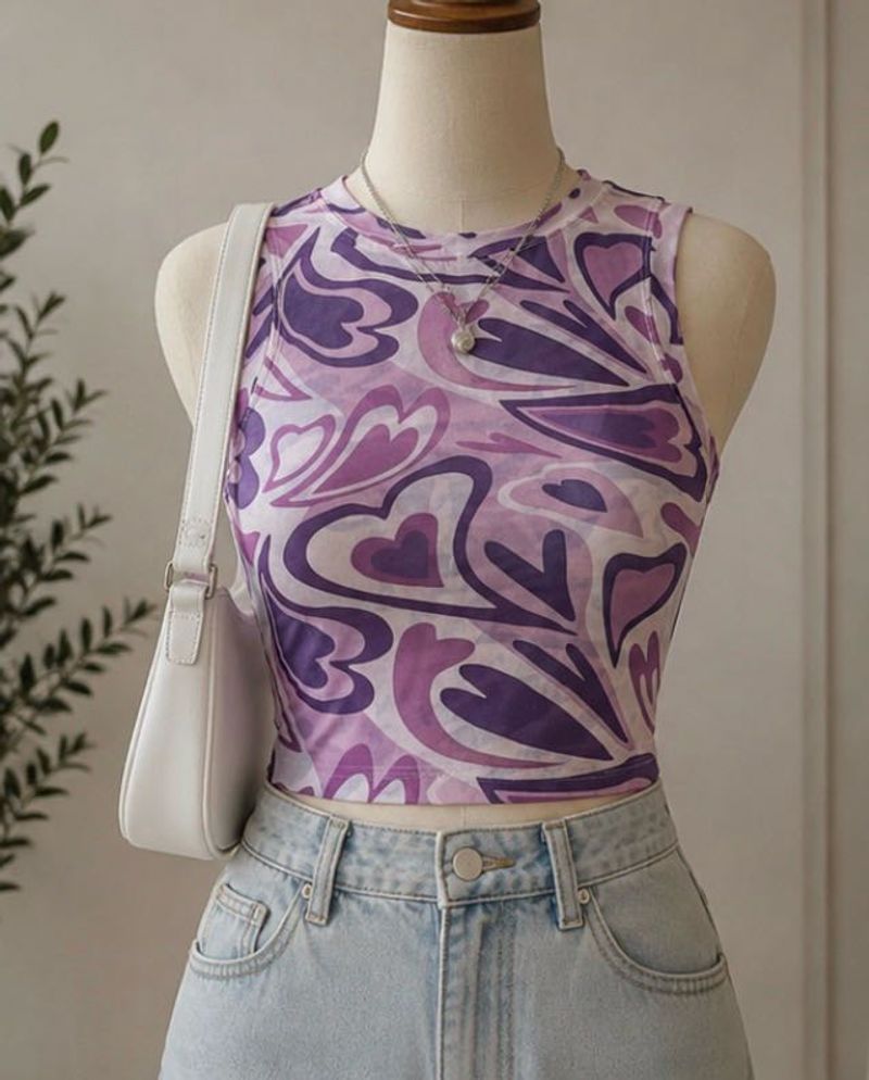 Mesh Heart Print Sleeveless Top