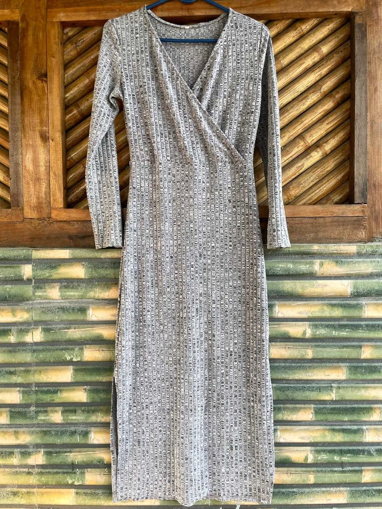 Grey Ribbed Wrap Midi Dress