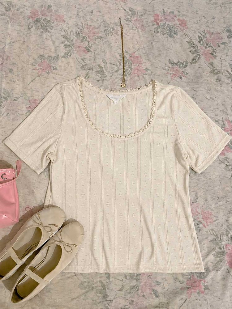Cream Lace Trim Ribbed Top