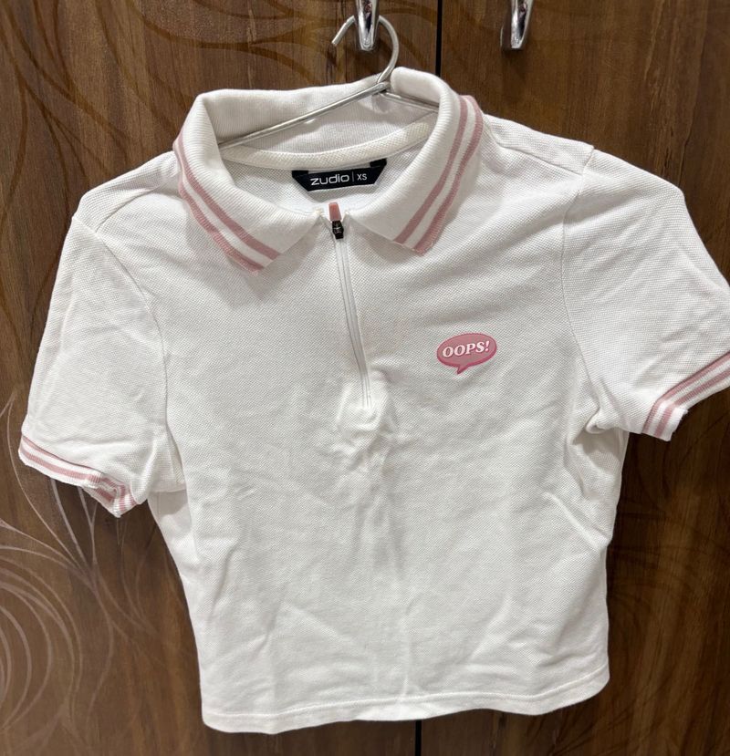 Zudio Cute White Crop Polo Top
