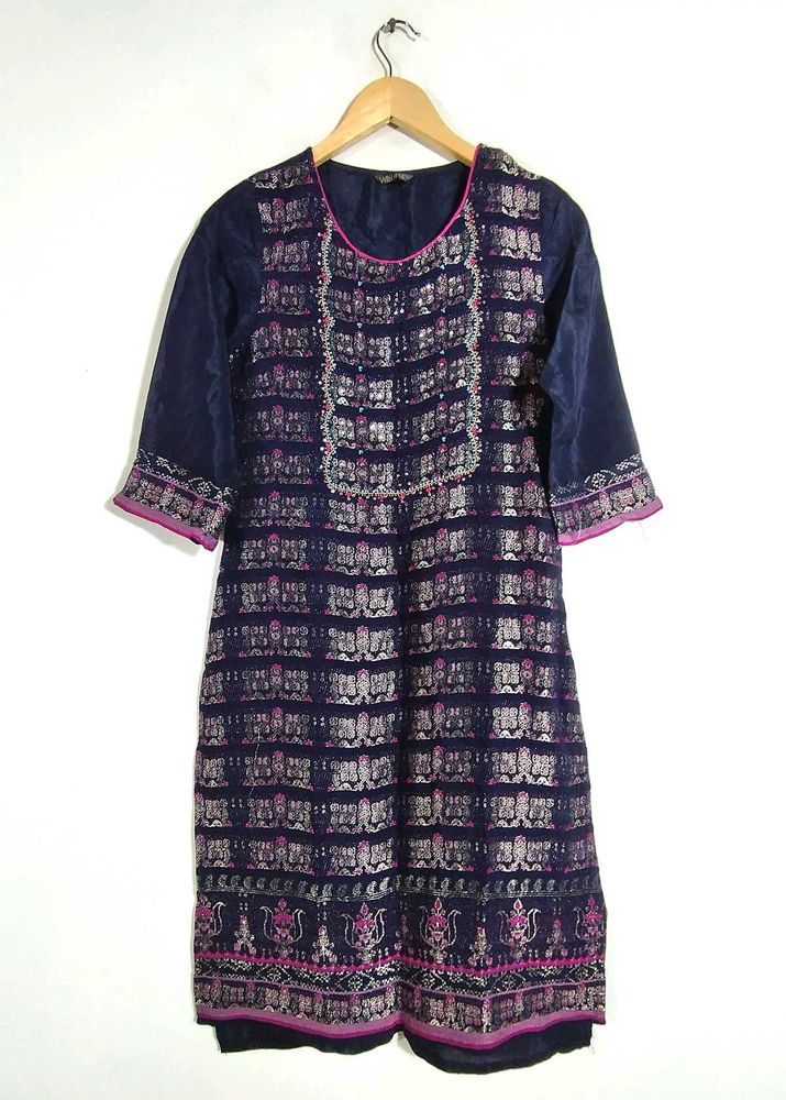 Navy Blue Floral Print Kurta (Women's)