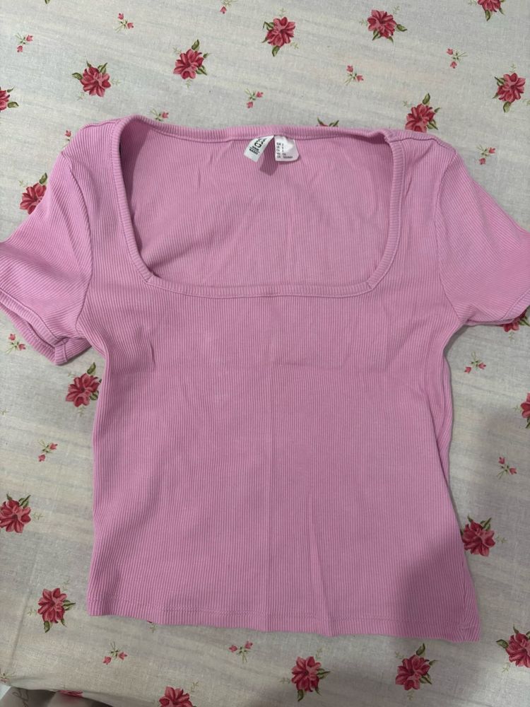 Pink Ribbed Square Neck Top