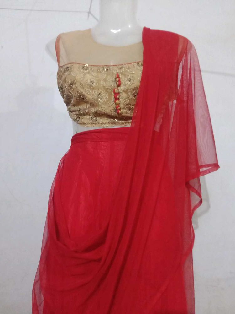 Red &amp; Golden Lehnga Unstitched Koti