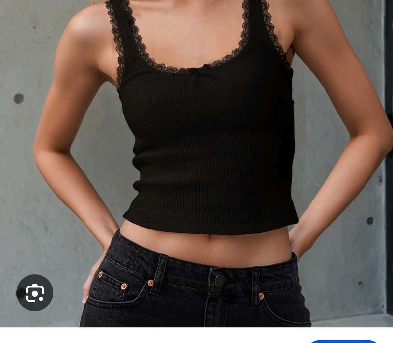 Black Ribbed Lace Trim Crop Top