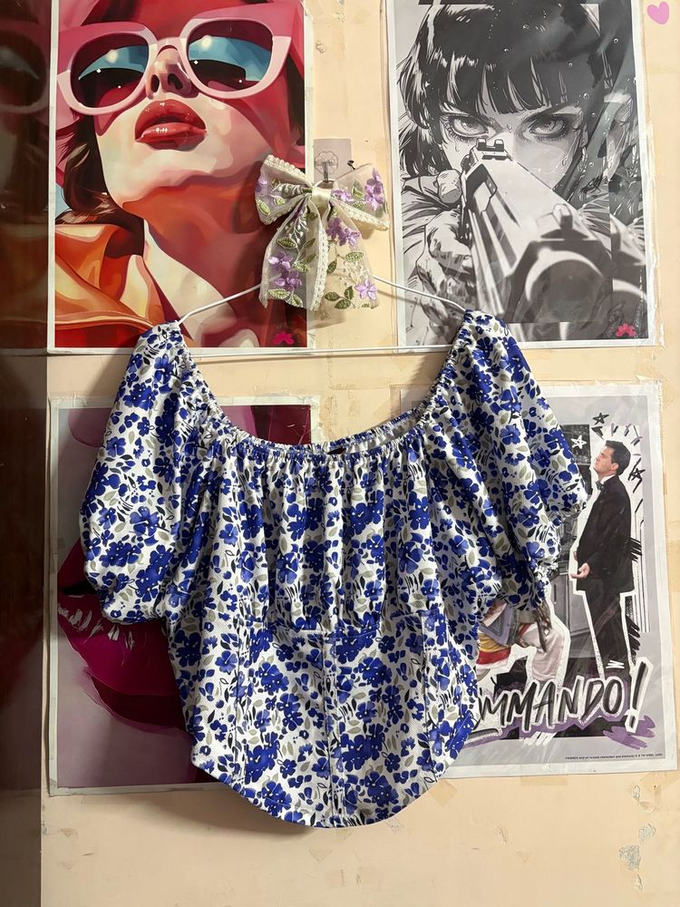 Blue Floral Off-Shoulder Top