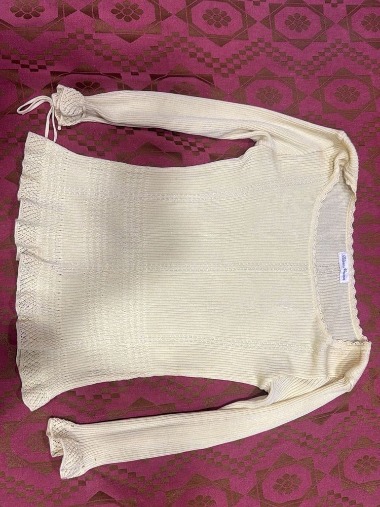 Cream Ribbed Long Sleeve Top