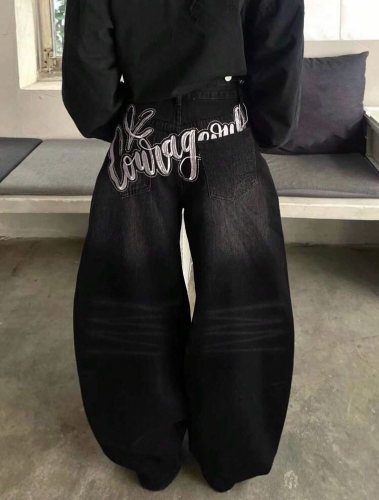 Imported Baggy Black Jeans with Embroidery