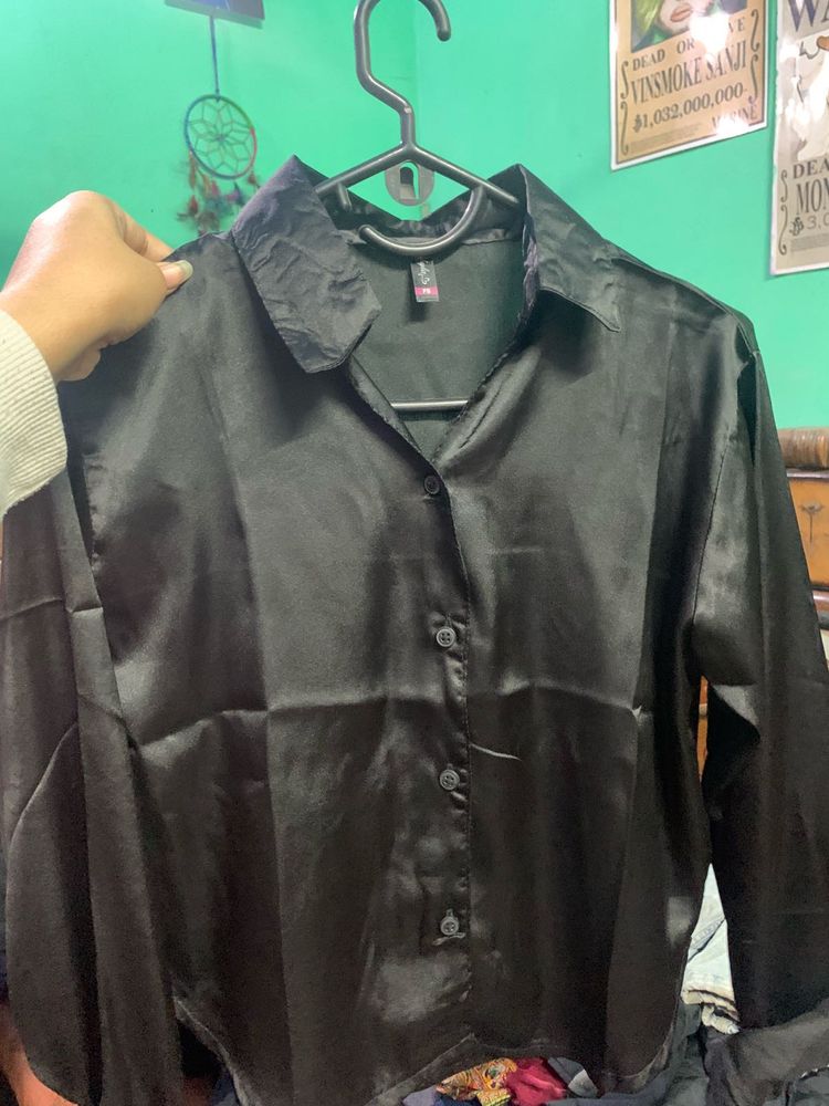 Chic Black Satin Button-Up Shirt