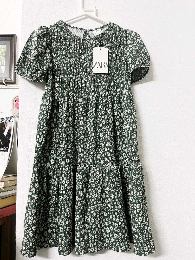 Zara Green Floral Smocked Dress