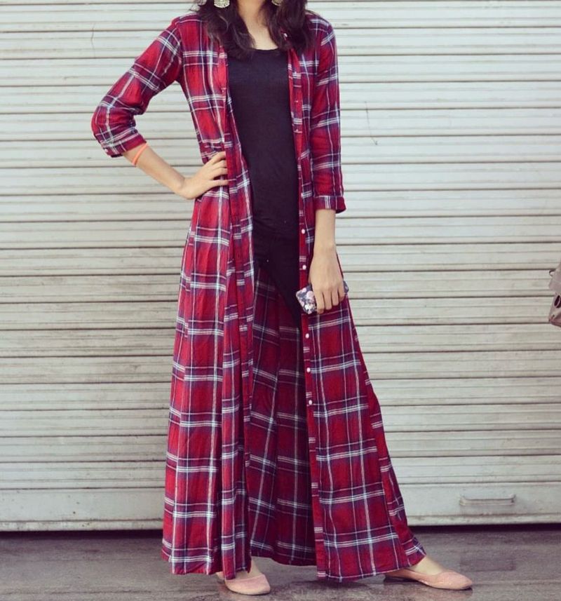 Chic Red Plaid Long Shrug
