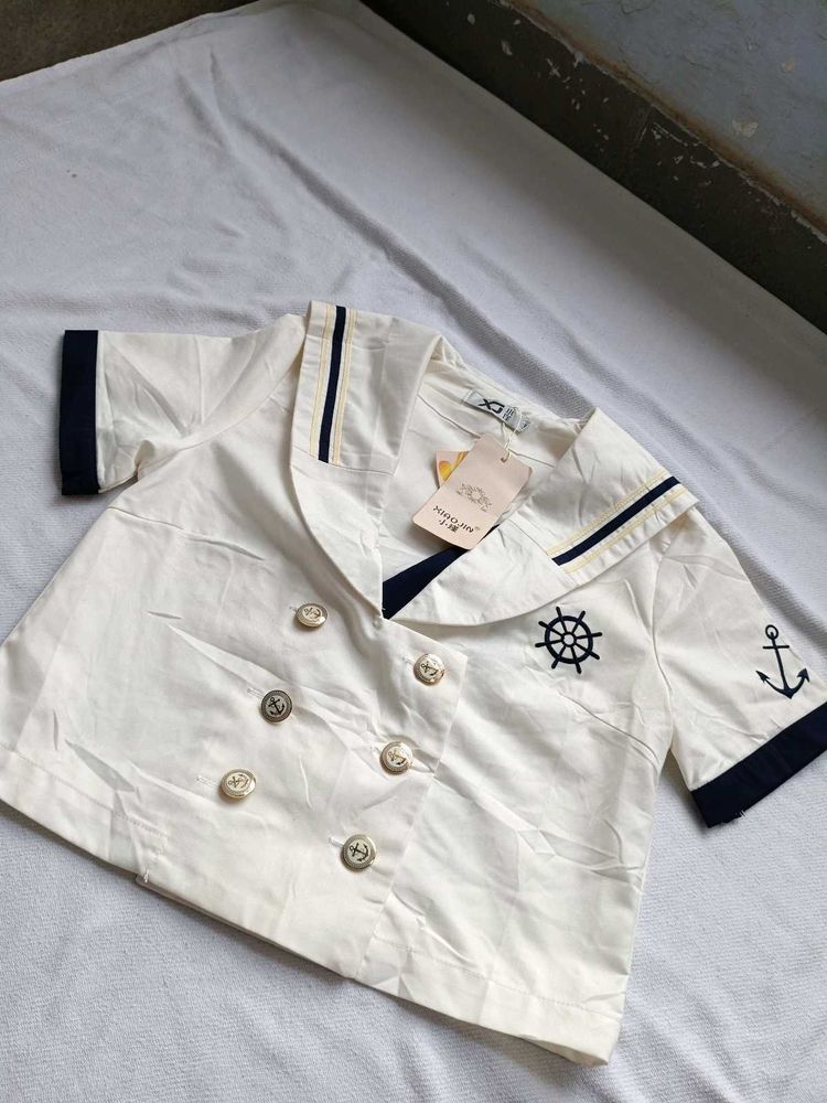 Nautical Style White Top with Anchor Detail
