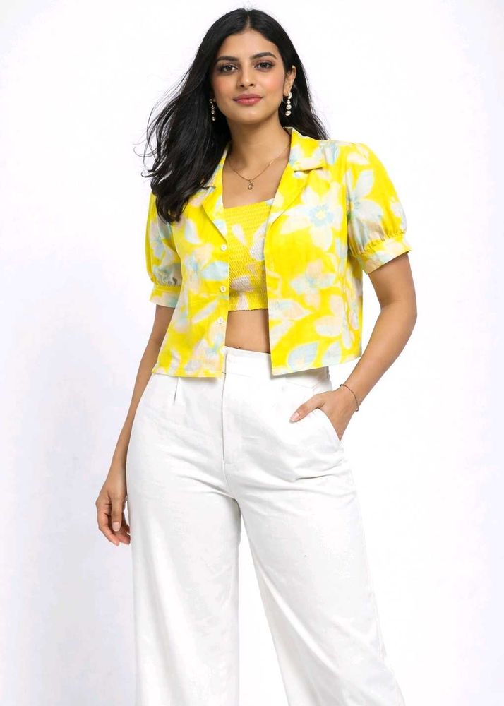 Yellow Floral Crop Top Set