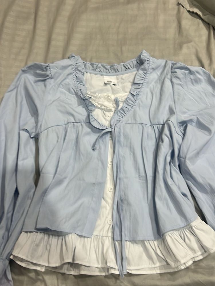 Light Blue Ruffled Puff Sleeve Top