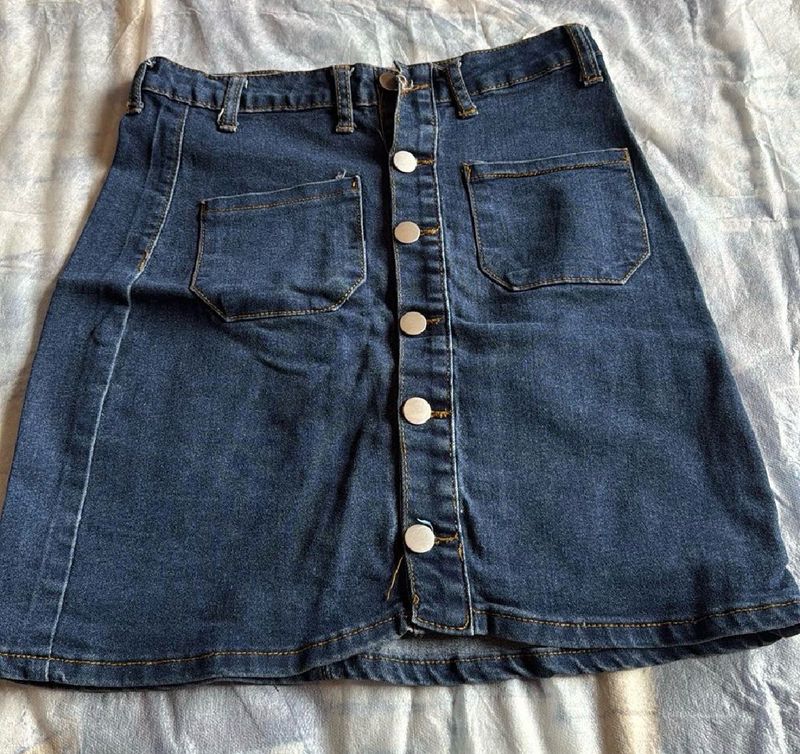 Classic Blue Denim Button-Up Skirt