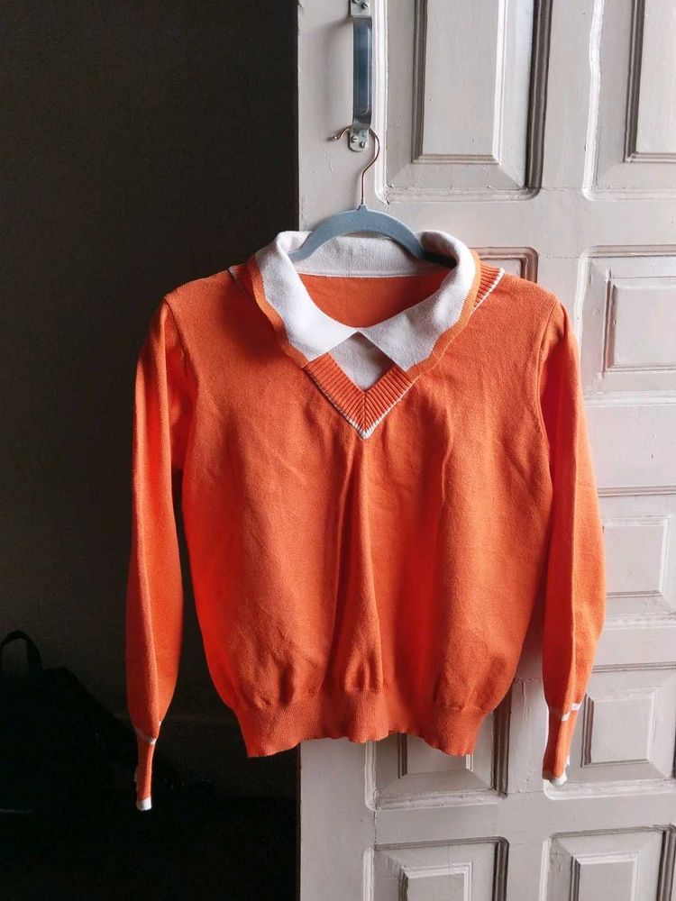 Orange Collared Knit Crop Top for Women