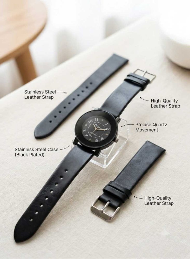 Classic Black Leather Strap Watch