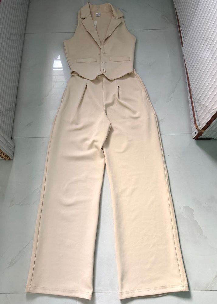 Chic Beige Vest and Wide Leg Pants co-ords set