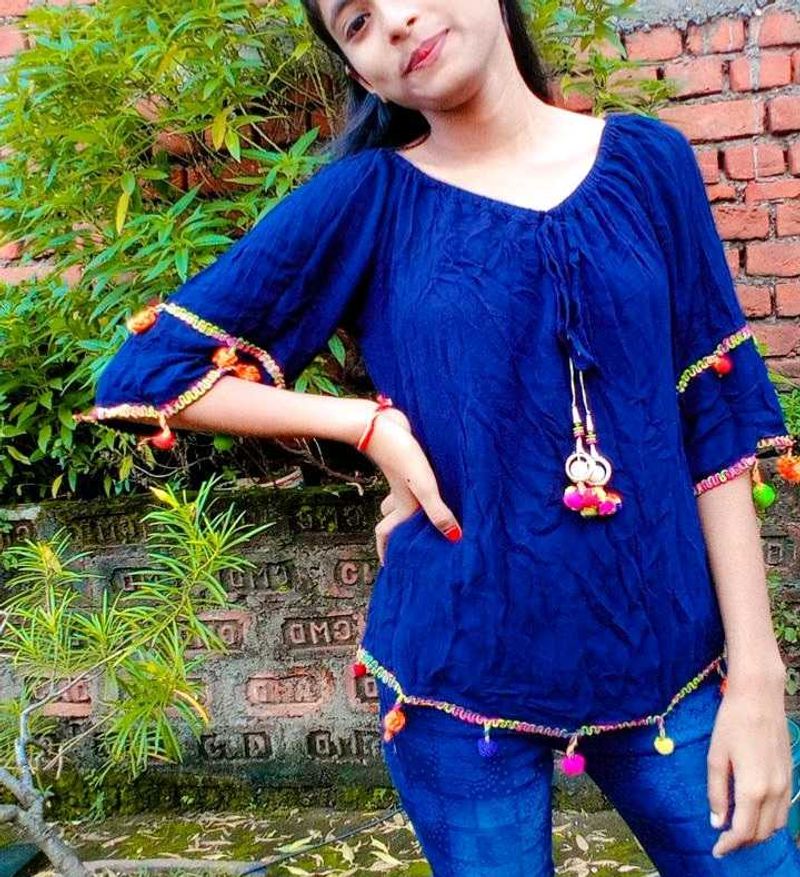 Boho Blue Top with Pom-Poms