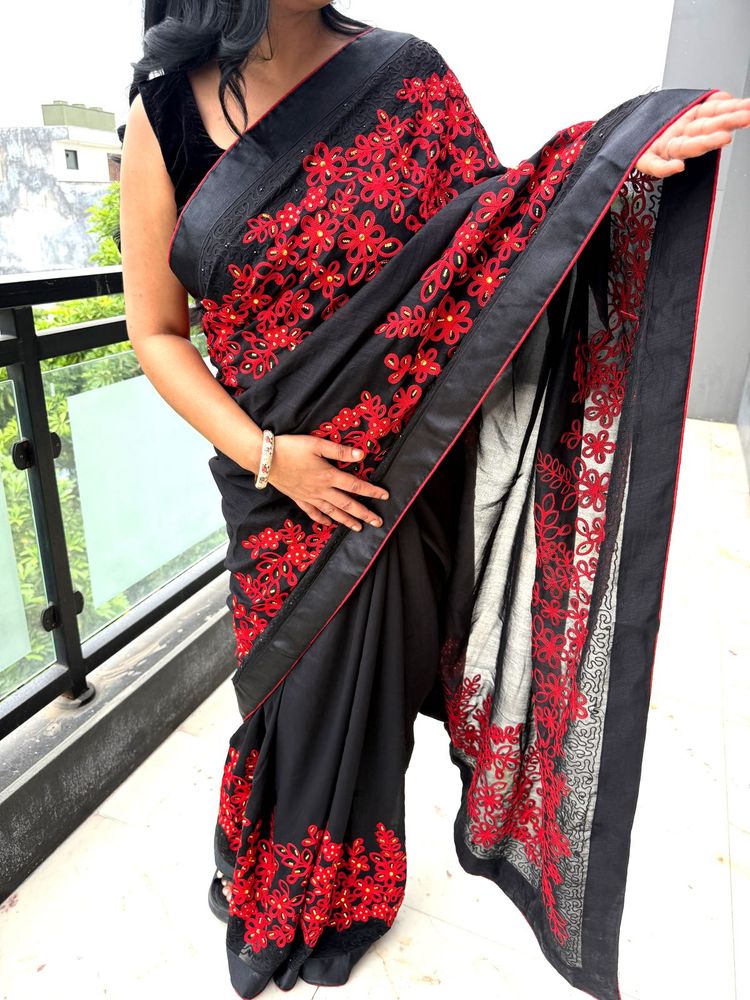 black partywear heavy embroidery saree