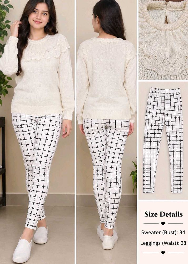 Cozy Cream Knit Sweater &amp; Plaid Leggings Set