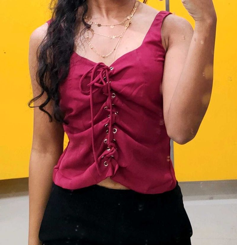 Burgundy Lace-Up Crop Top