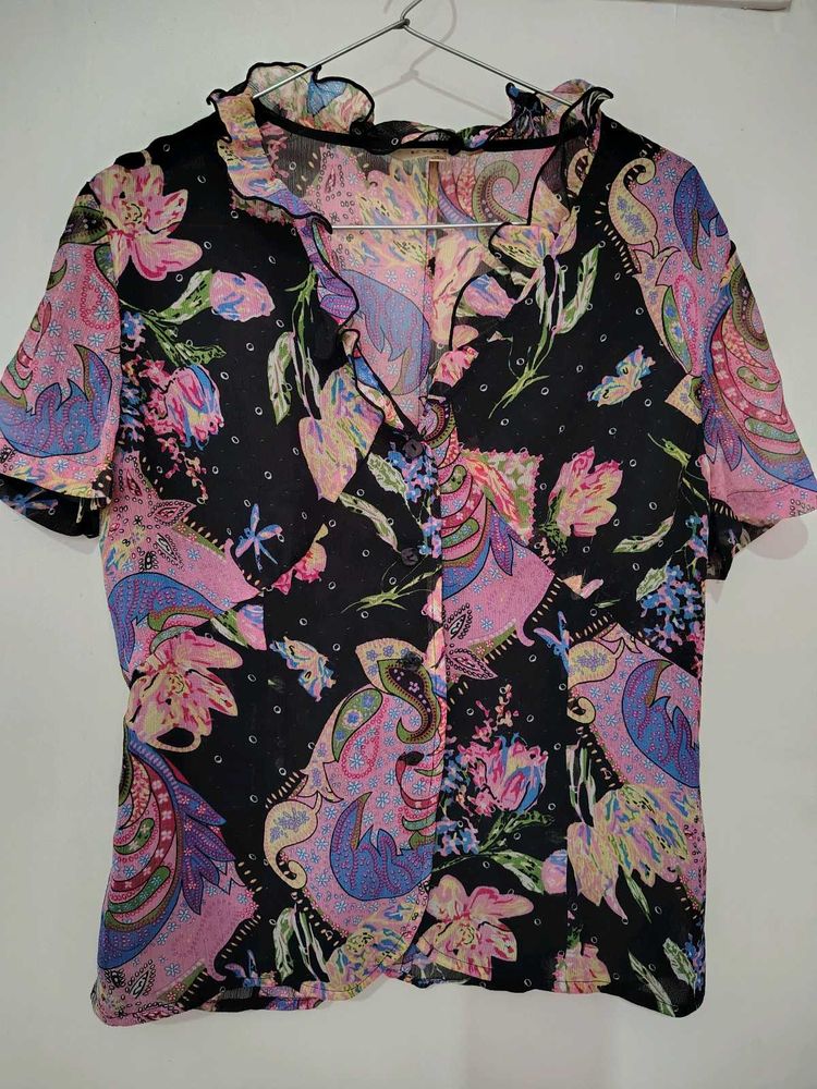Vibrant Floral Print Ruffle Blouse