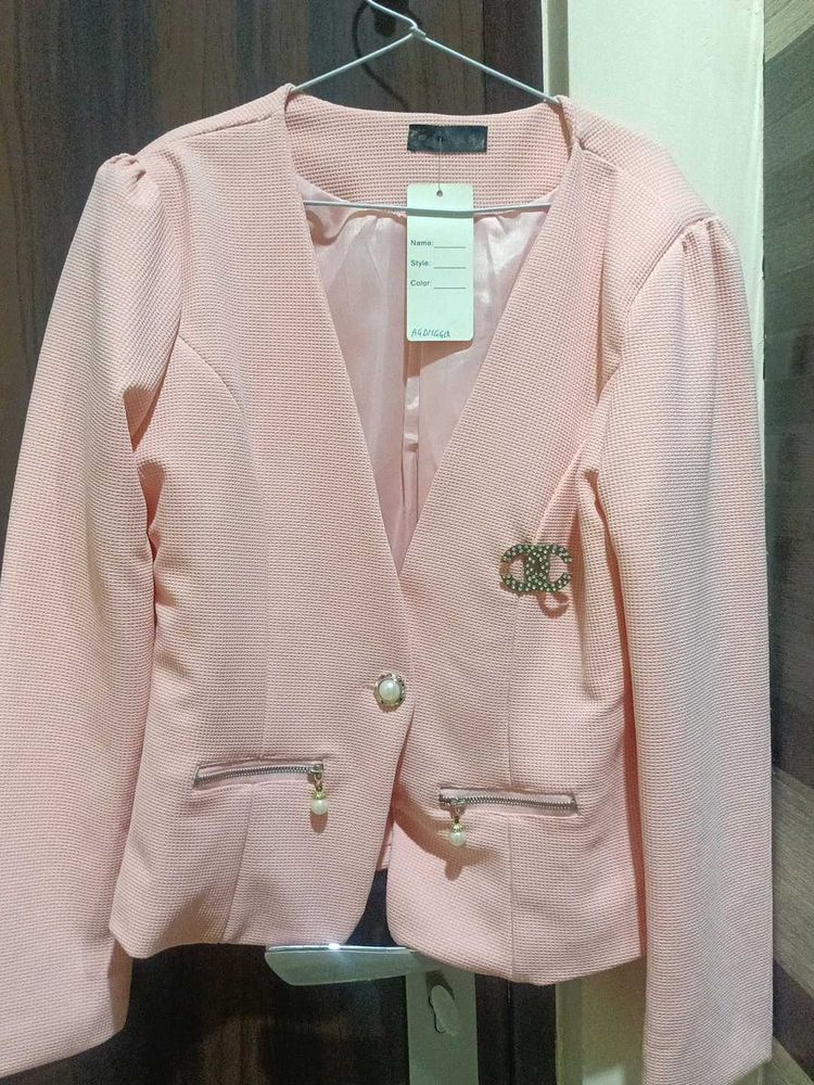 Chic Pink Blazer with Pearl Detail