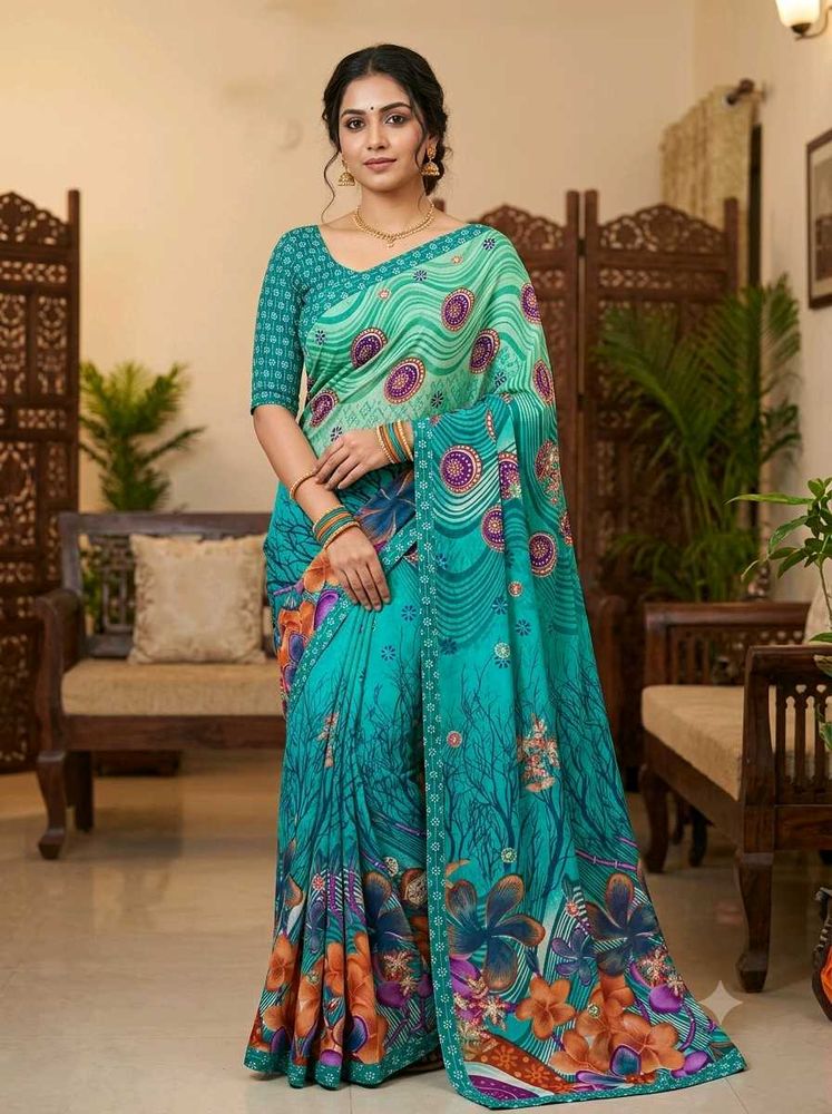 Beautiful Teal Saree with Floral Print