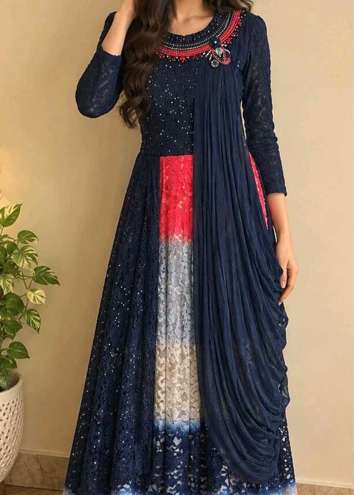 Stunning Navy Blue Lace Ethnic Gown