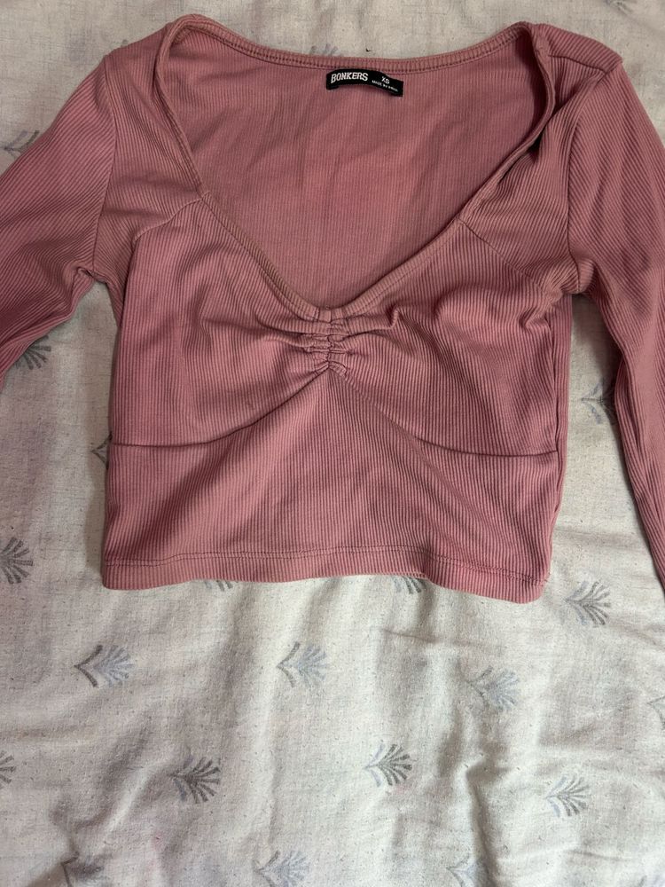 Pink Ruched Long Sleeve Crop Top