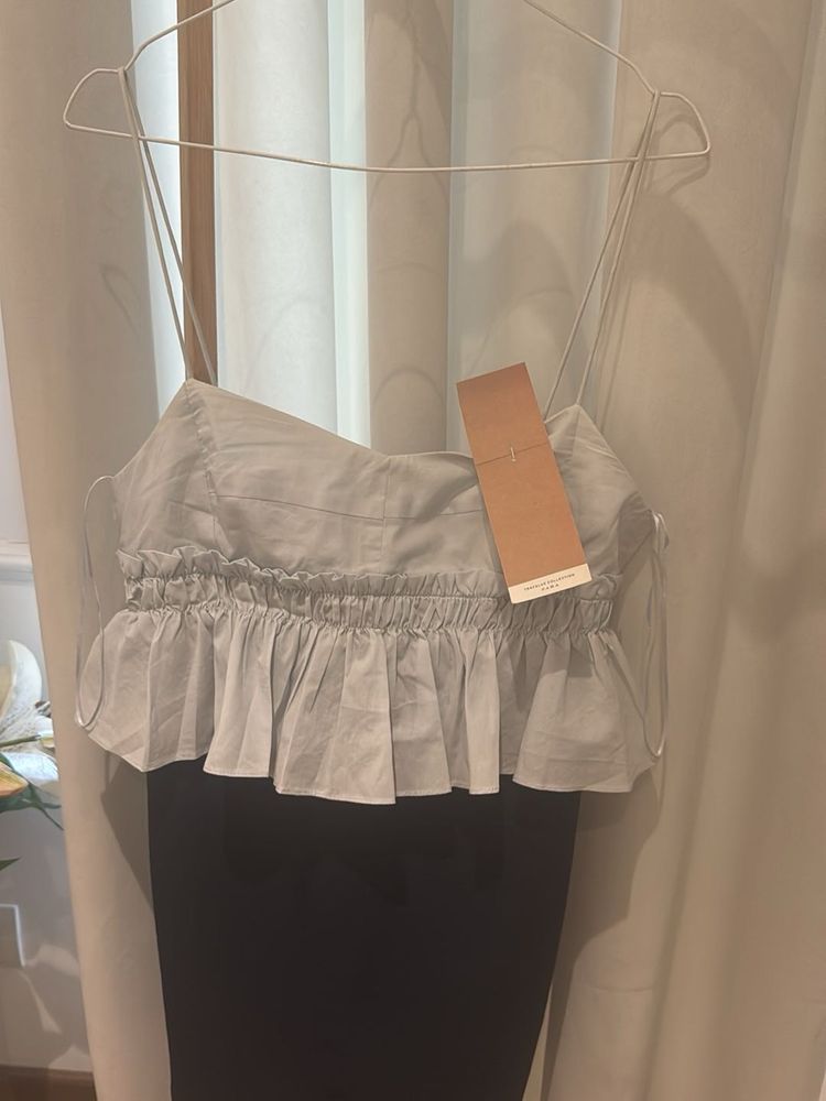Zara Powder blue/Navy Cotton Ruffle Stretch Dress