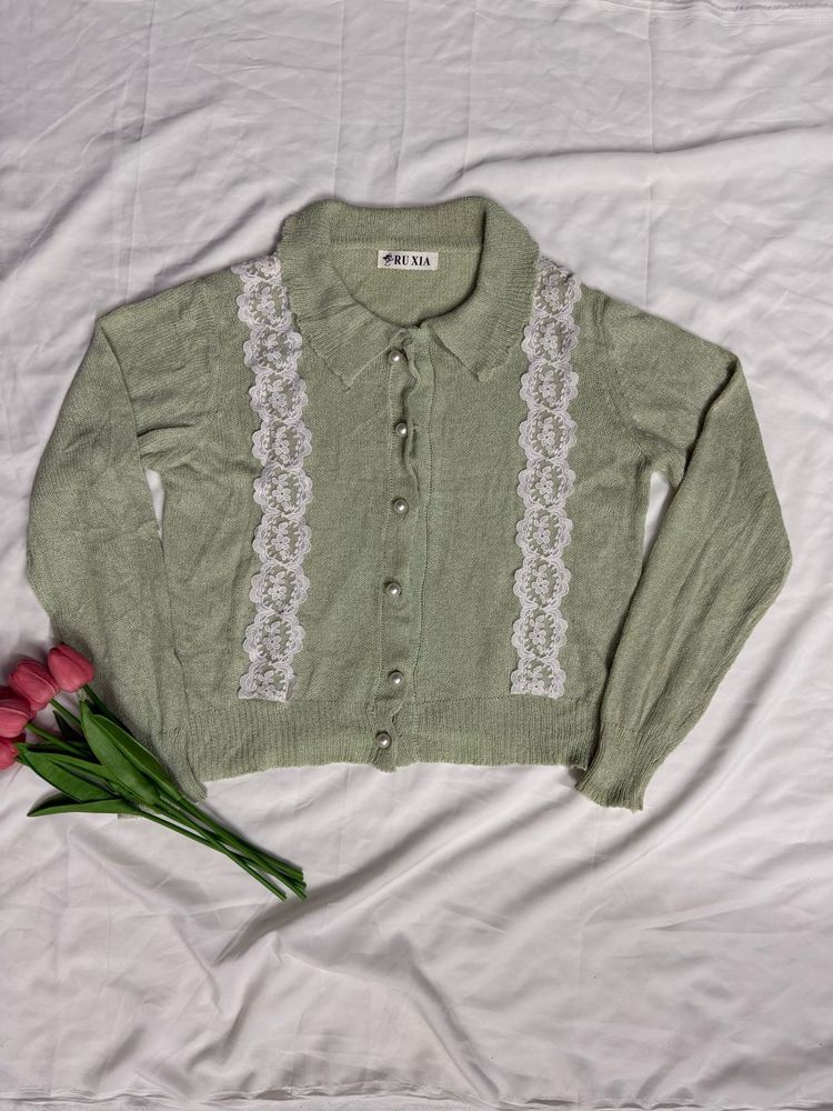 Pastel Green Lace Trim Cardigan