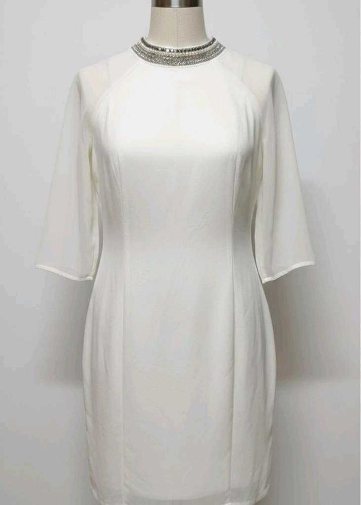Elegant White Embellished Neckline Dress