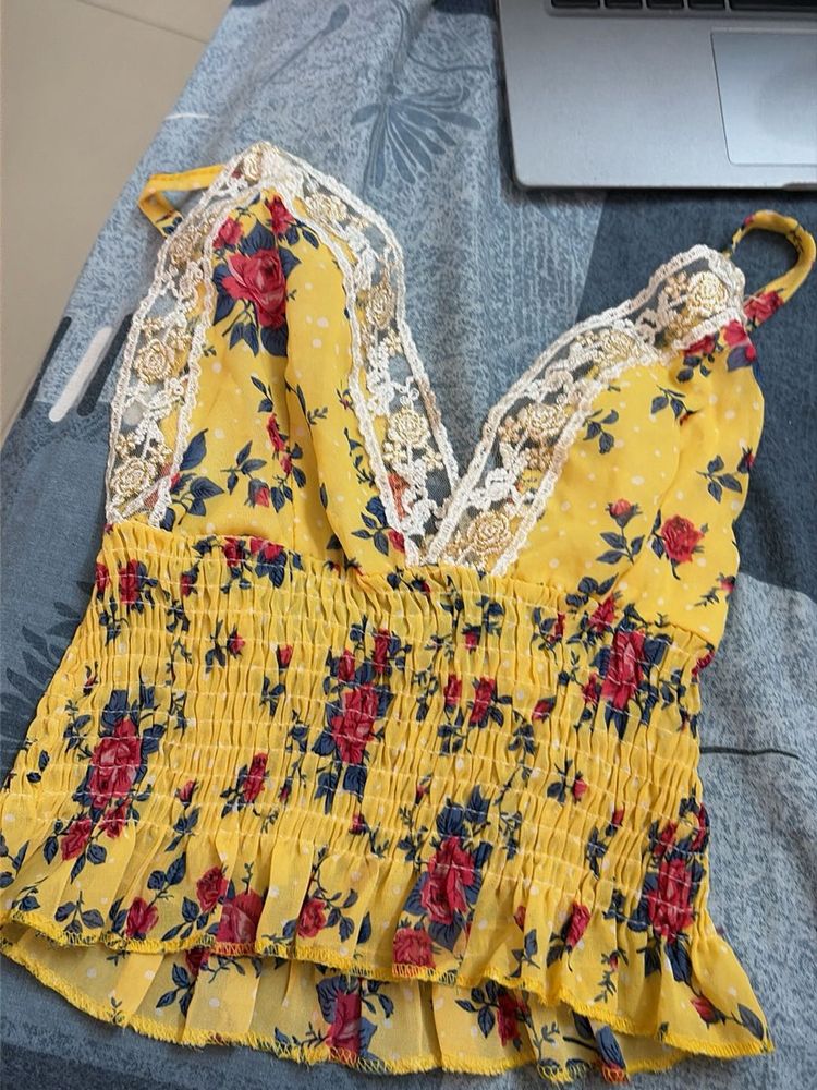 Yellow Floral Smocked Crop Top