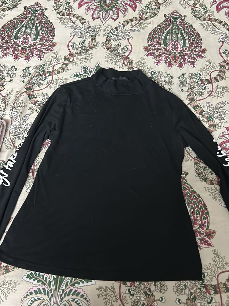 Black Long Sleeve Mock Neck Top with Text Detail