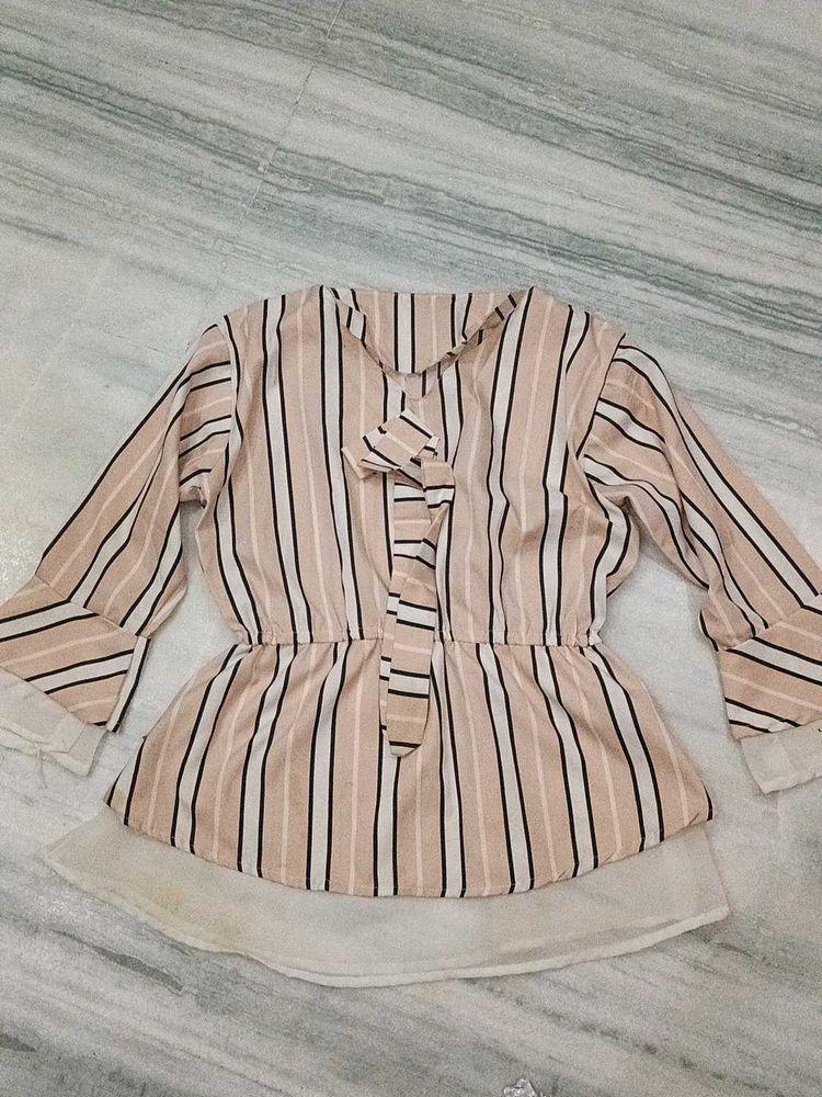 Striped Bow Neck Peplum Top