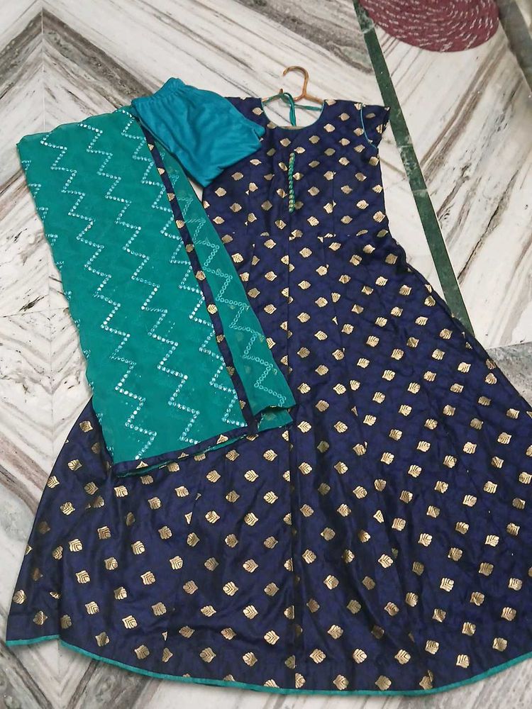 Navy &amp; Gold Anarkali Suit Set