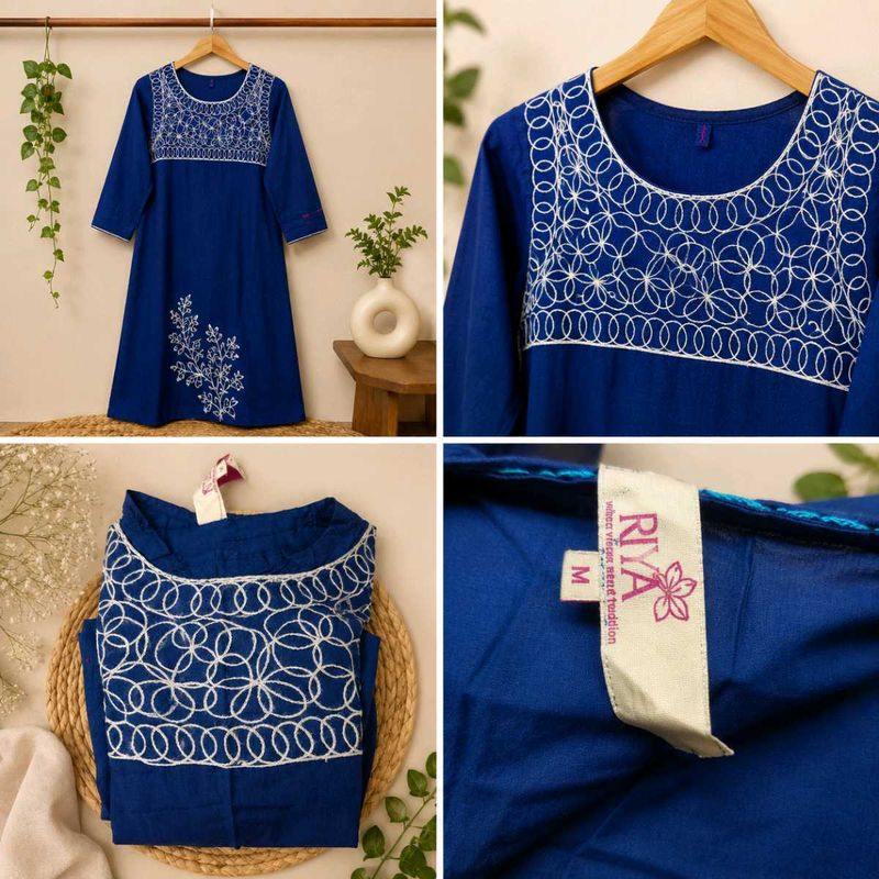 Blue Embroidered Cotton Kurta