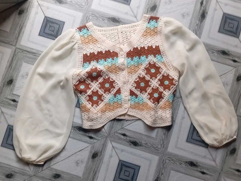 Boho Crochet Button-Up Top with Sheer Sleeves