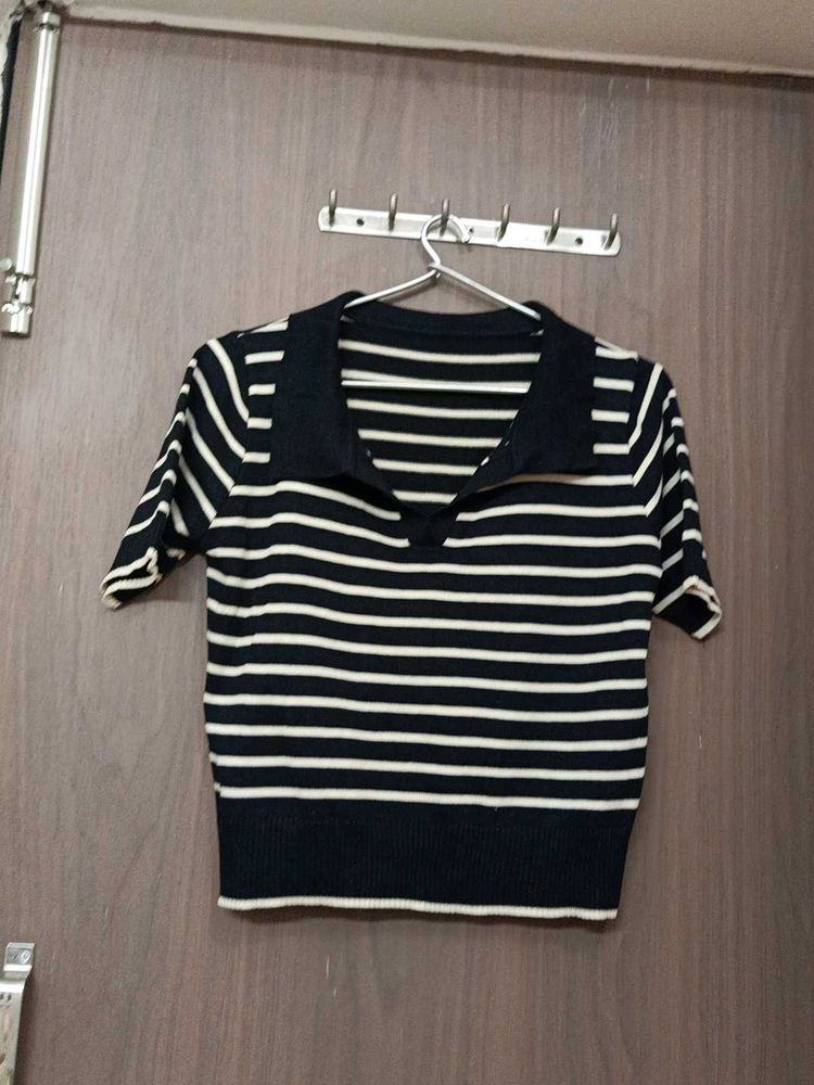 Striped Collared Knit Top for M &amp;L