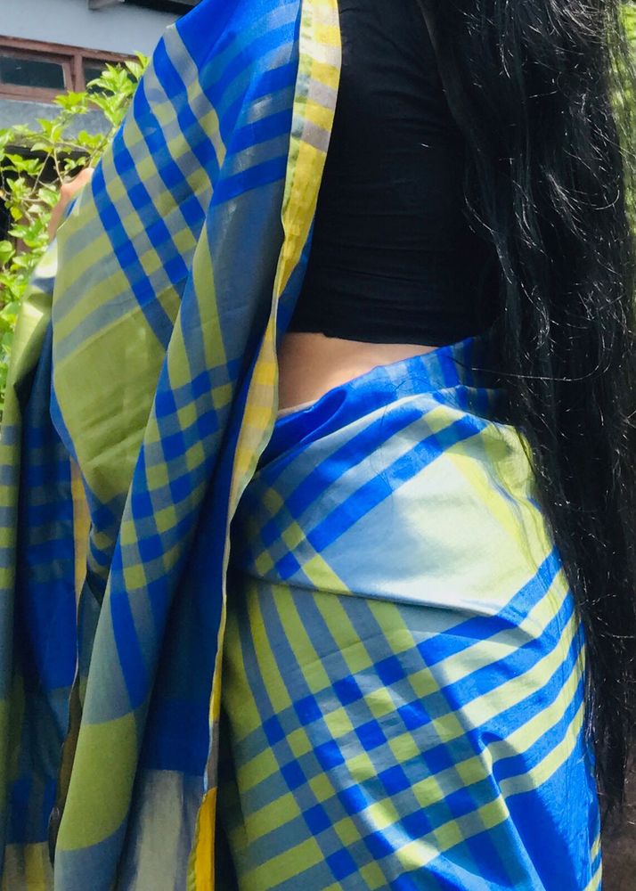 Blue and Yellow Checked Saree