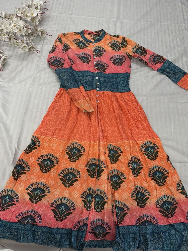 Elegant Printed Long Kurta Open button