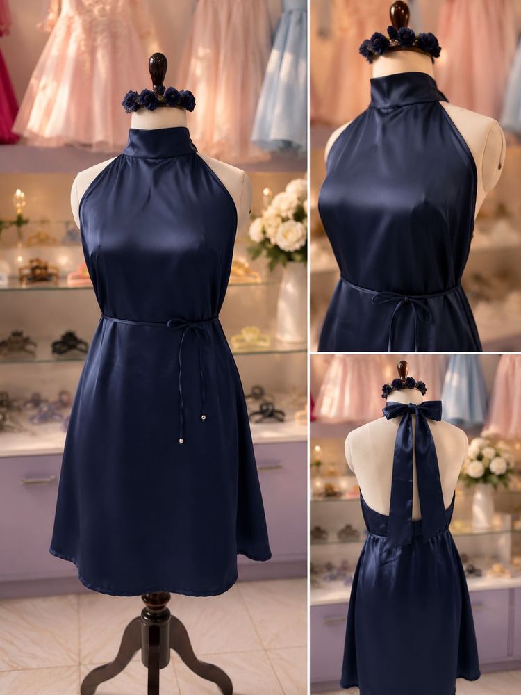 Navy Blue Halter Neck  Dress