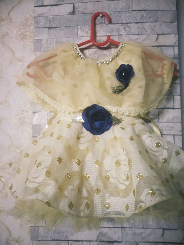 Golden Colour Frock For 6 To 9 Months Baby