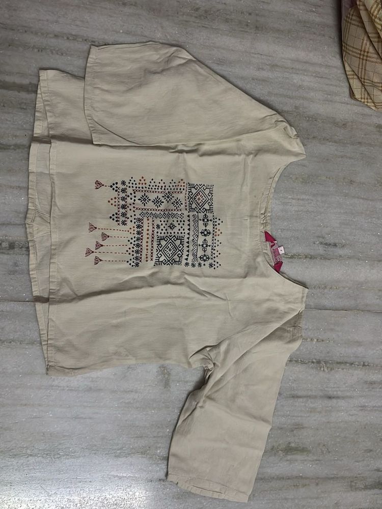Beige Embroidered Kurta Top