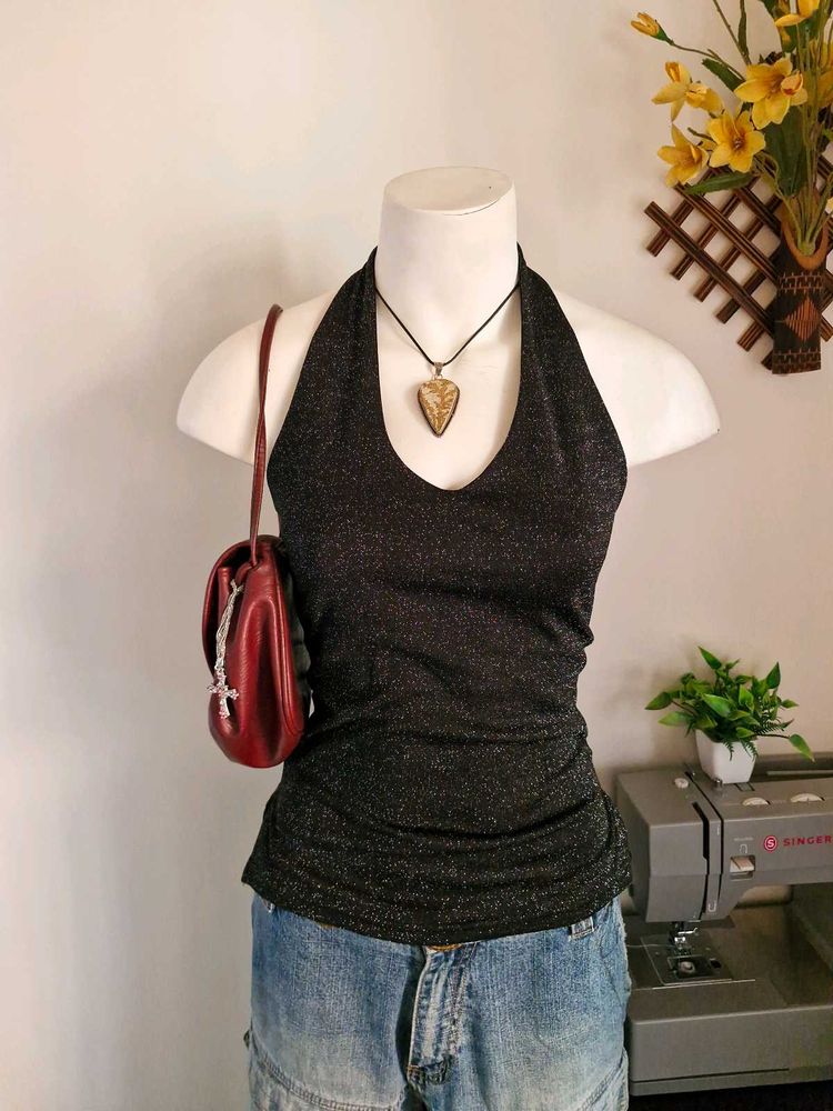 Sparkly Black Halter Neck Top